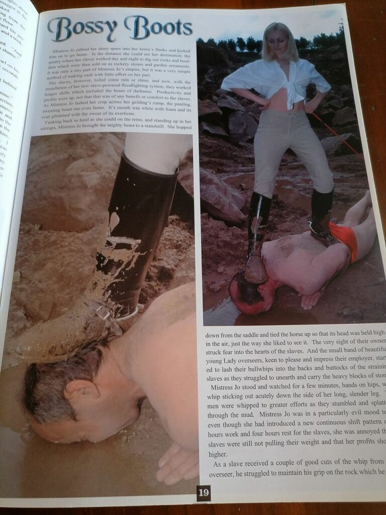 Revue SM/fetish domina nation numéro 7. Devoted to the dominant female. Femmes en botte piétine un homme dans la boue