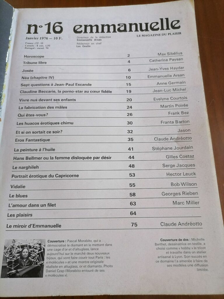 Sommaire de la revue érotique Emmanuelle, le magazine du plaisir, dirigée par Emmanuelle Arsan, 1976