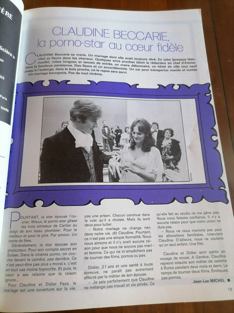 Article consacré à Claudine Beccarie dans la revue érotique Emmanuelle, le magazine du plaisir, dirigée par Emmanuelle Arsan, 1976