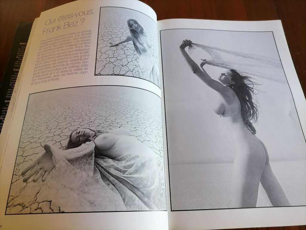 Double page consacrée à Frank Bez dans la revue érotique Emmanuelle, le magazine du plaisir, dirigée par Emmanuelle Arsan, 1976