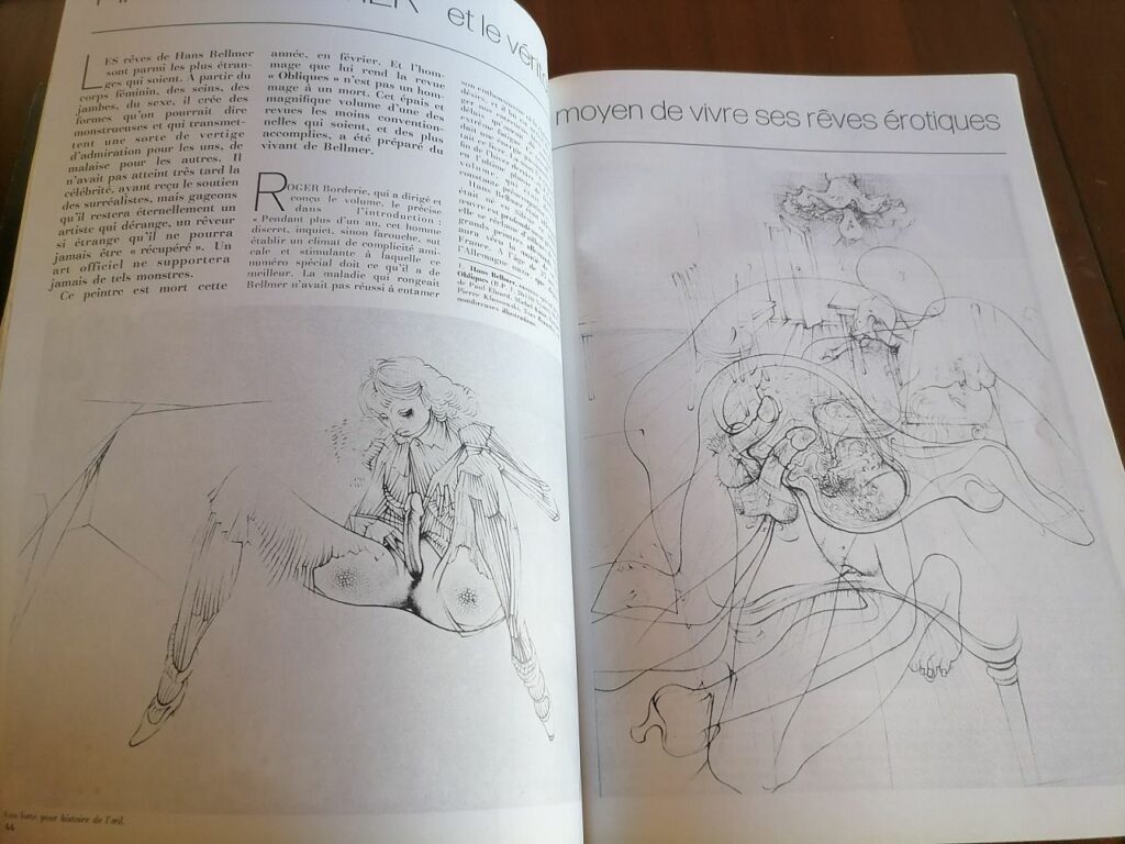 Article consacré à Hans Bellmer dans la revue érotique Emmanuelle, le magazine du plaisir, dirigée par Emmanuelle Arsan, 1976