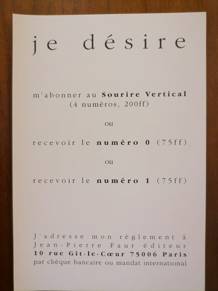 Carte d'abonnement à la revue érotique le Sourire vertical, éditions Jean-Pierre Faur