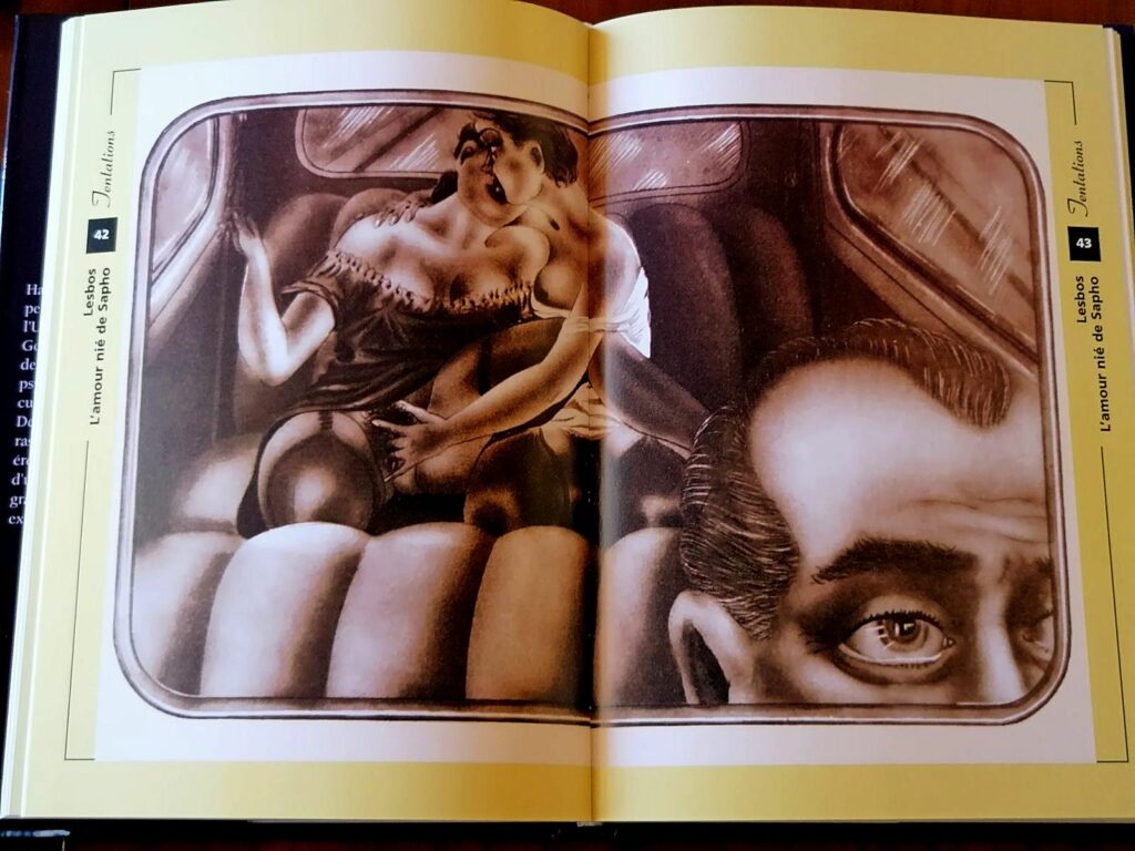 Dessin érotique anonyme de deux femmes à l'arrière d'une voiture dans le livre Lesbos de Hans-Jurgen Dopp