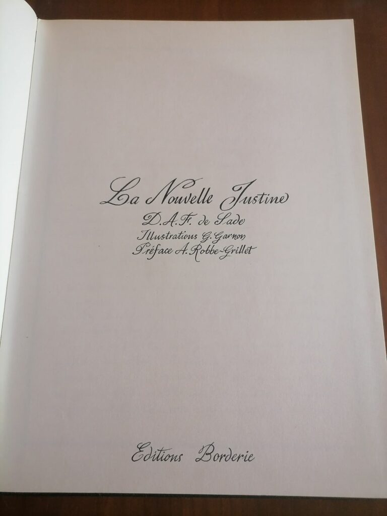 Page de titre de la BD érotique La Nouvelle Justine de Sade adaptée par Garnon aux éditions Borderie