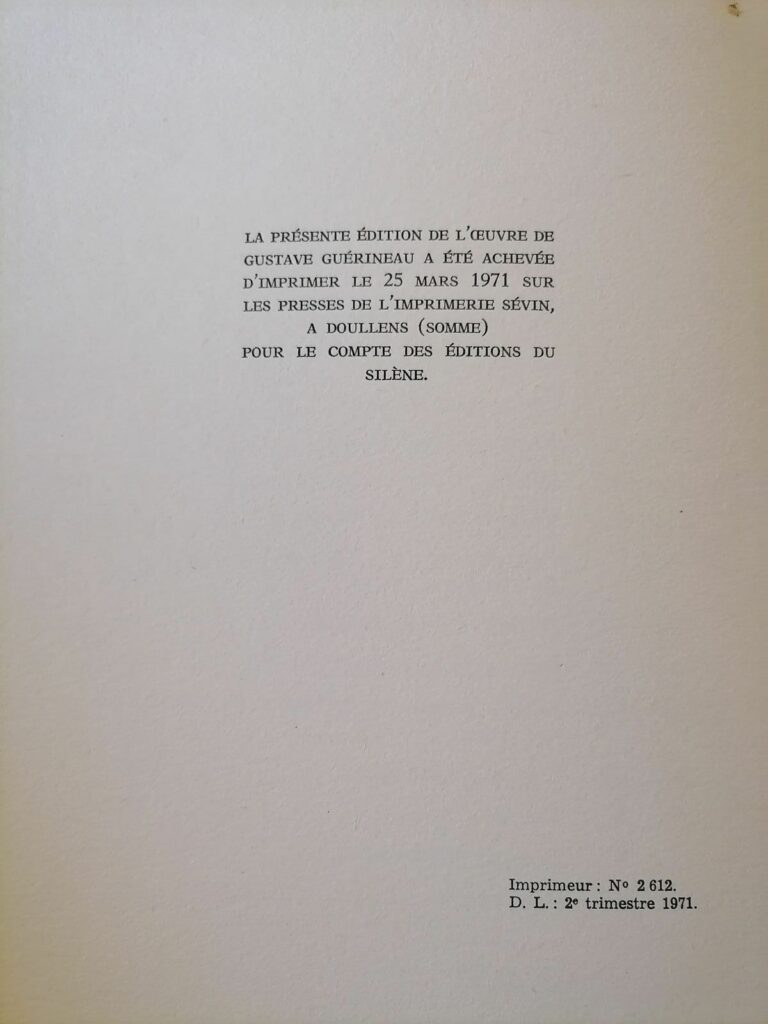 Justification du tirage du roman érotique vintage Séduction, jeunes amours de Gustave Guérineau, éditions du Silène, 1971