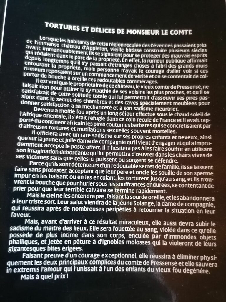 Résumé du roman pornographique BDSM Tortures et délices de monsieur le comte, par Marylin Durieux, éditions échos
