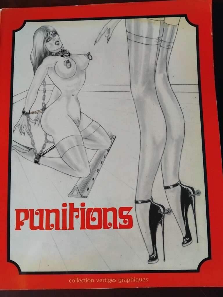 Couverture du livre de dessins BDSM Punitions, par Jean-Pierre du Maine aux éditions Dominique Leroy (collection Vertiges graphiques, 1978