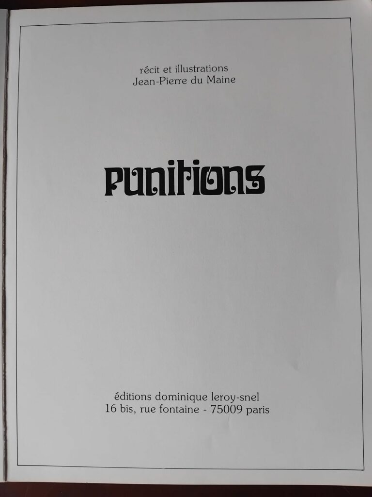 Page de titre du livre de dessins BDSM Punitions, par Jean-Pierre du Maine aux éditions Dominique Leroy (collection Vertiges graphiques, 1978