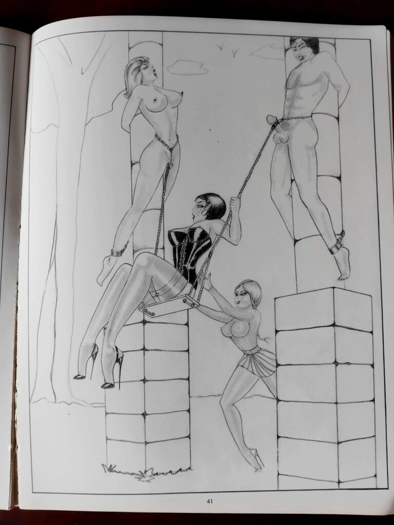 Dessin BDSM de Jean-Pierre du Maine pour le livre Punitions aux éditions Dominique Leroy (collection Vertiges graphiques), 1978
