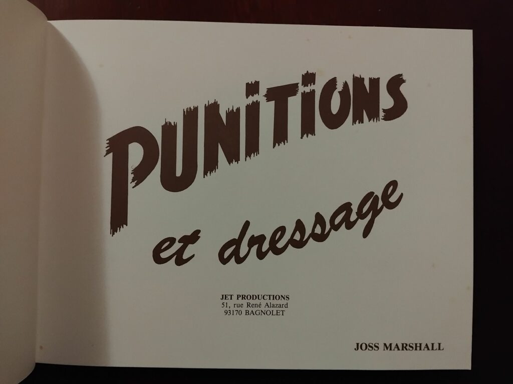 Page de titre du livre érotique Punitions et dressage de Joss Marshall, illustrations de Jack Rhodes, aux éditions Jet productions, 1981