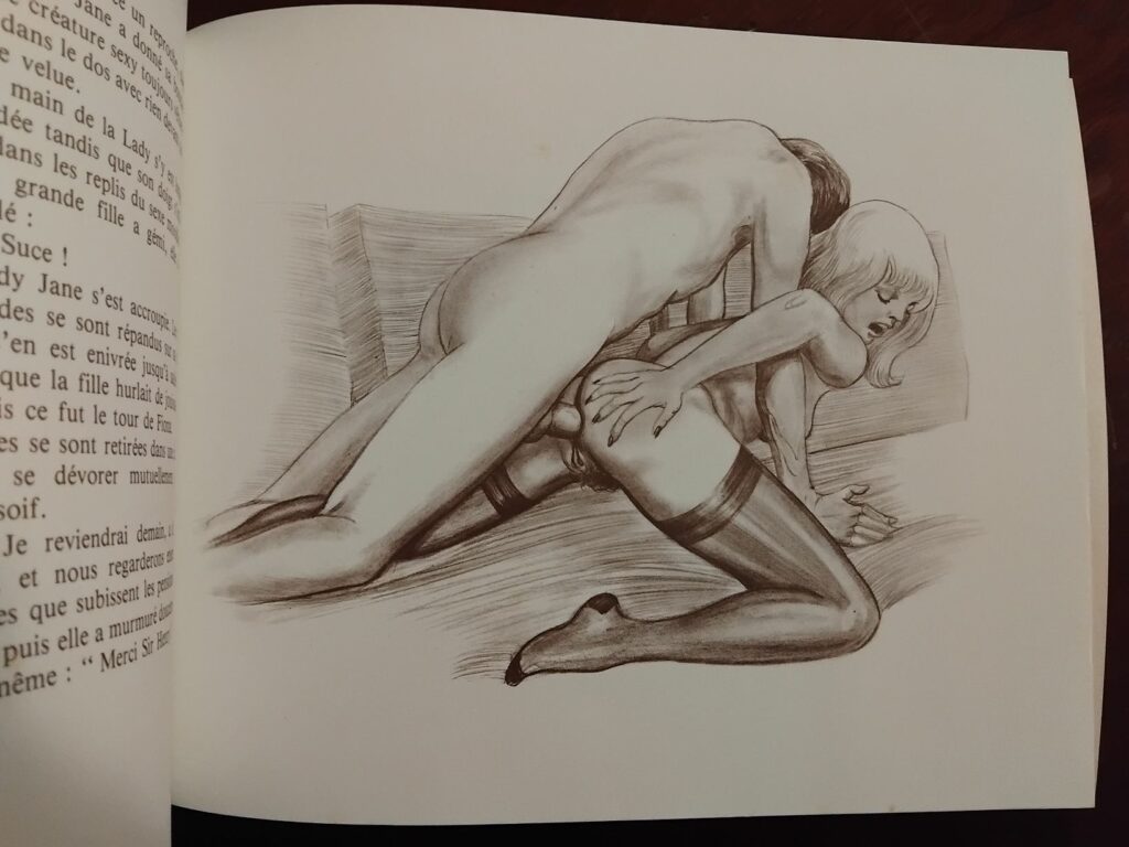 Dessin érotique d'une femme sodomisée de Jack Rhodes pour le livre érotique Punitions et dressage de Joss Marshall aux éditions Jet productions, 1981